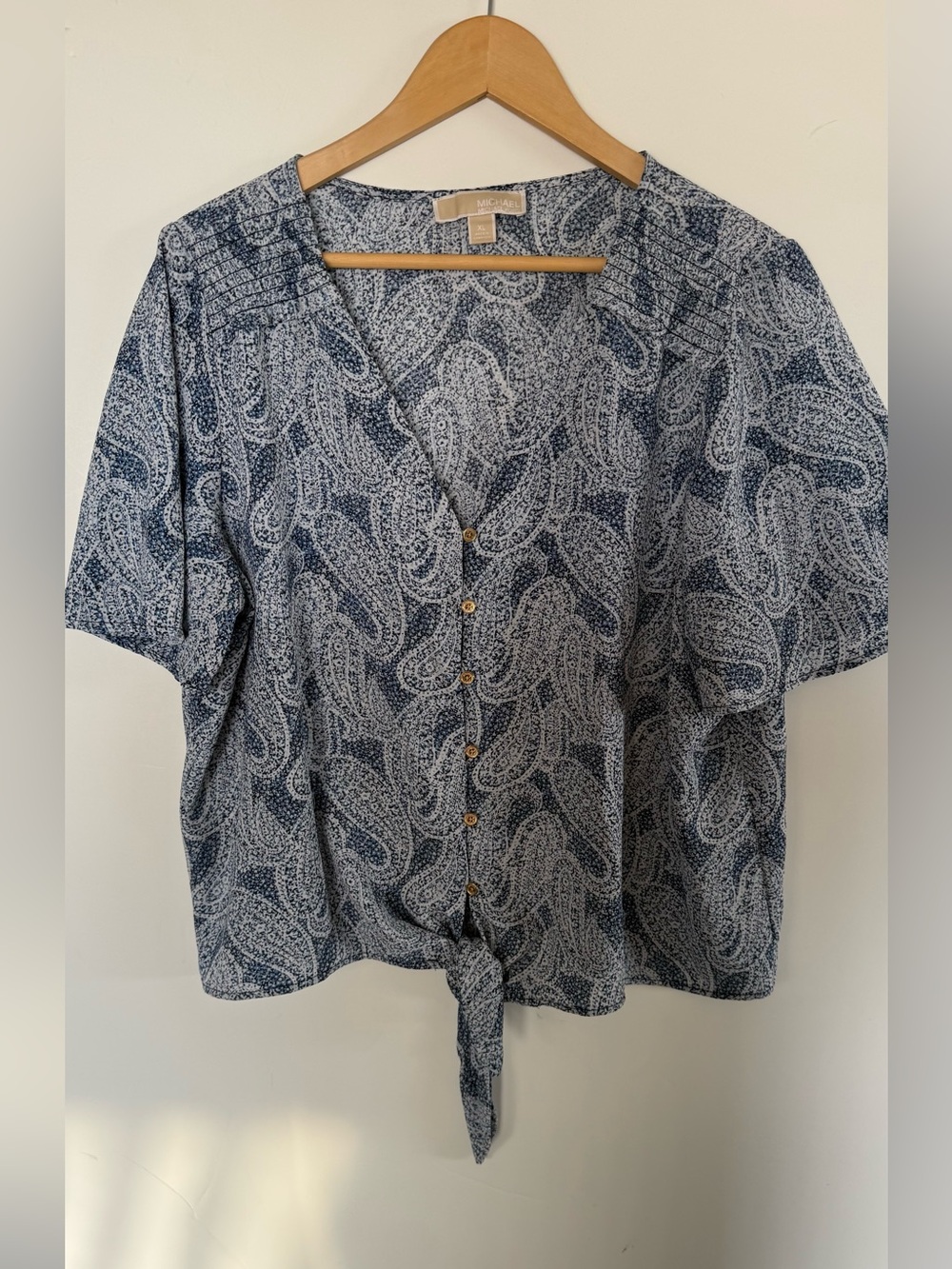 Michael Kors Navy Paisley Button-Front Tie-Hem Blouse SZ XL